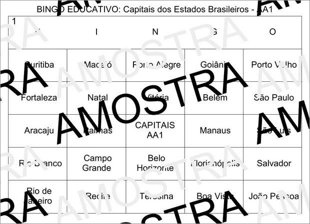 Cartela de Bingo Pedagógico Com as Capitais do Brasil