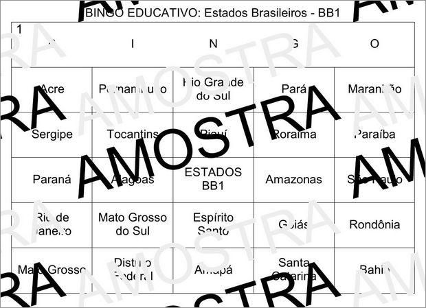 Cartela de Bingo Pedagógico Com os Estados do Brasil