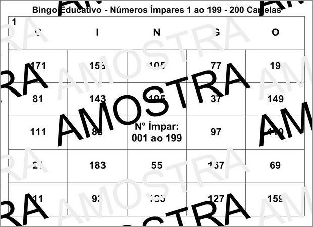 Cartela de Bingo Pedagógico Com Números Impares do 1 ao 199