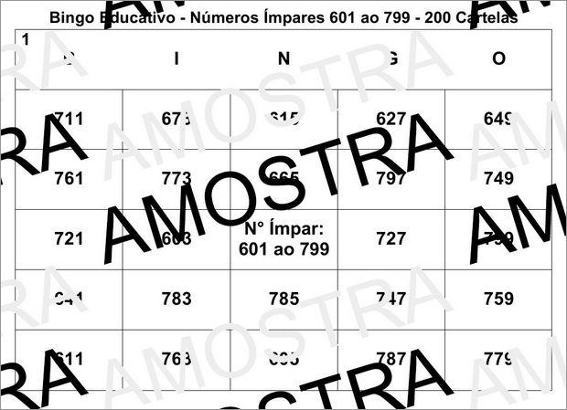 Cartela de Bingo Pedagógico Com Números Impares do 601 ao 799