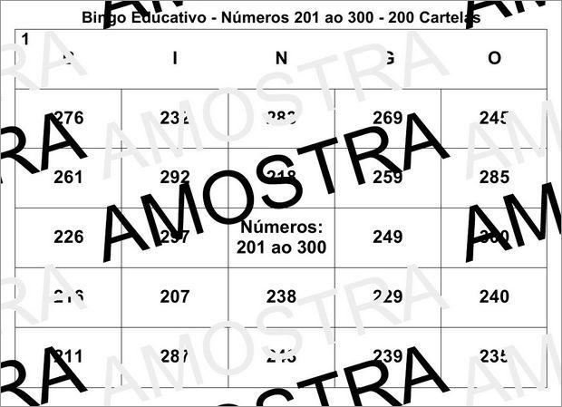 Cartela de Bingo Pedagógico Com os Números Naturais 201 ao 300