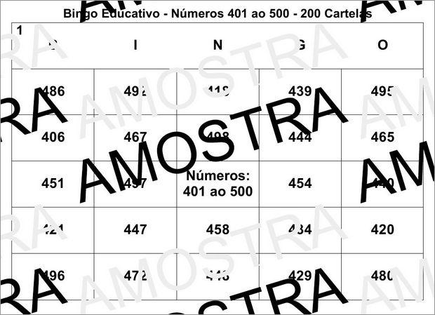 Cartela de Bingo Pedagógico Com os Números Naturais 401 ao 500