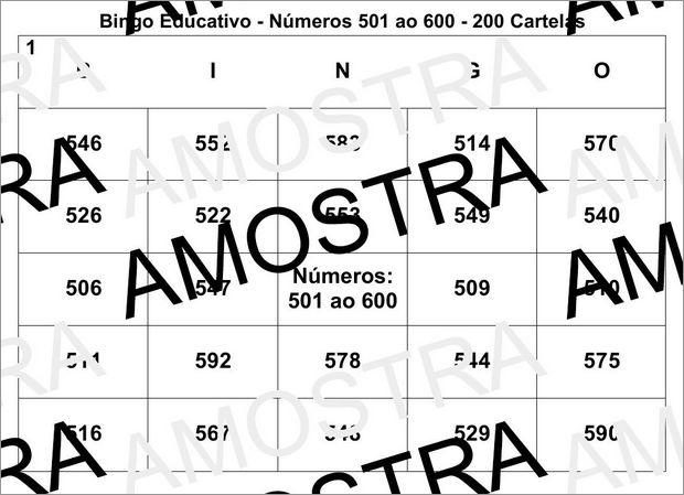 Cartela de Bingo Pedagógico Com os Números Naturais 501 ao 600
