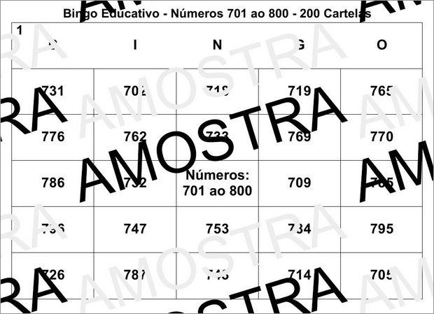 Cartela de Bingo Pedagógico Com os Números Naturais 701 ao 800