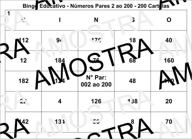Cartela de Bingo Pedagógico Com Números Pares 2 ao 200