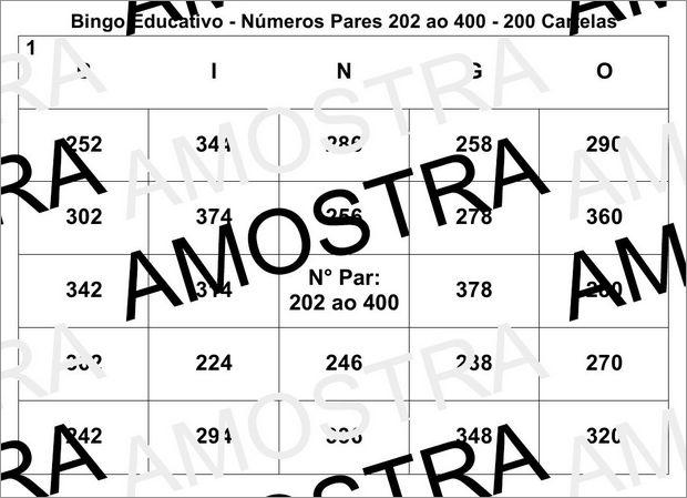 Cartela de Bingo Pedagógico Com Números Pares 202 ao 400