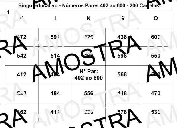 Cartela de Bingo Pedagógico Com Números Pares 402 ao 600