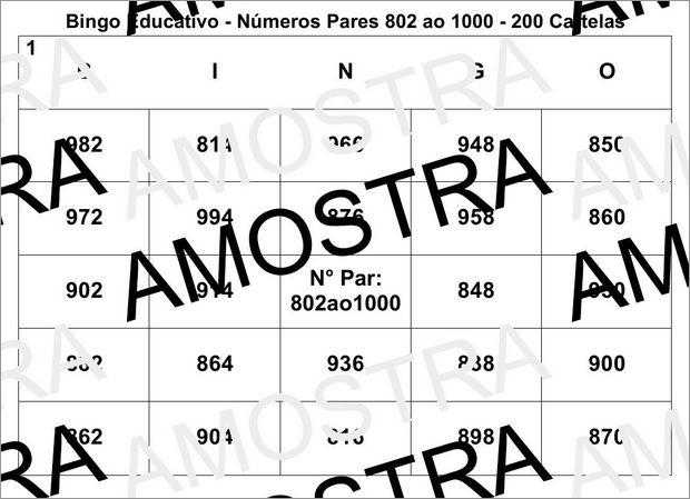 Cartela de Bingo Pedagógico Com Números Pares 802 ao 1000