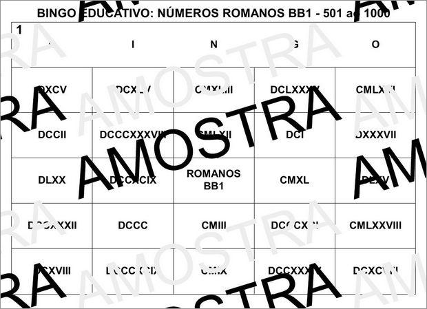 Cartela de Bingo Pedagógico Com Números Romanos do 501 ao 1000
