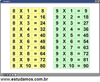 Tabuadas de Multiplicar do 8 e 9