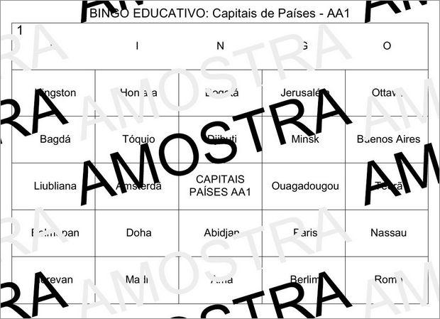 Cartela de Bingo Pedagógico Com Capitais de Países