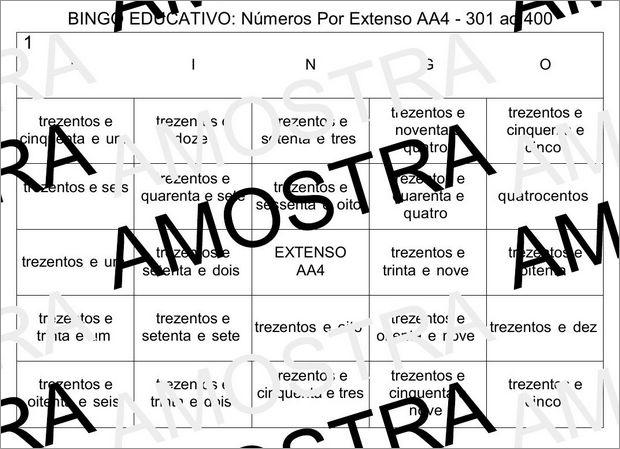 Cartela de Bingo Pedagógico Com Números Escritos Por Extenso do 301 ao 400