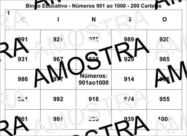 Cartela de Bingo Pedagógico Com os Números Naturais 901 ao 1000