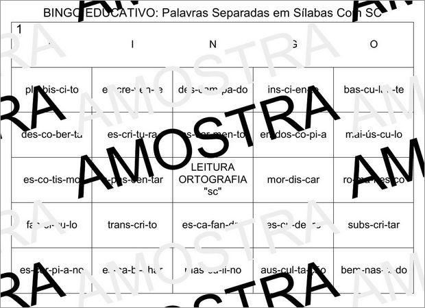 Cartela de Bingo Pedagógico de Palavras Escritas Com SC