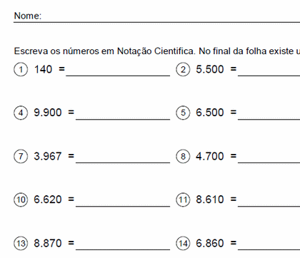 Exercícios de Notação Científica / Potenciação