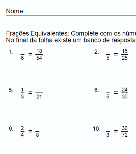 Matemática, Frações equivalentes, Atividades frações