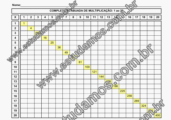 Tabuada de Multiplicação para Completar e Imprimir